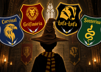 Ilustração inspirada em Harry Potter mostrando uma pessoa usando o Chapéu Seletor em um grande salão mágico iluminado por tochas. Acima dela aparecem os brasões das quatro casas de Hogwarts em português: Corvinal, Grifinória, Lufa-Lufa e Sonserina. A cena possui atmosfera medieval, efeitos de luz dourada e elementos que remetem ao universo da magia.
