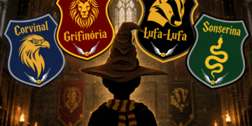 Ilustração inspirada em Harry Potter mostrando uma pessoa usando o Chapéu Seletor em um grande salão mágico iluminado por tochas. Acima dela aparecem os brasões das quatro casas de Hogwarts em português: Corvinal, Grifinória, Lufa-Lufa e Sonserina. A cena possui atmosfera medieval, efeitos de luz dourada e elementos que remetem ao universo da magia.