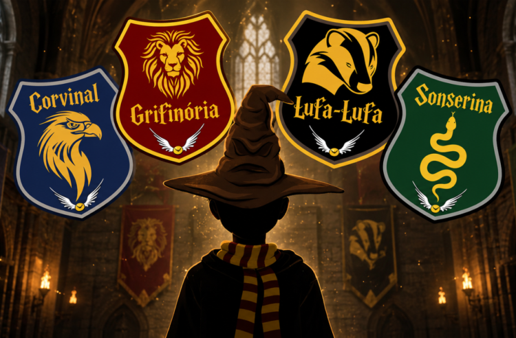 Qual casa de Harry Potter eu sou Ilustração inspirada em Harry Potter mostrando uma pessoa usando o Chapéu Seletor em um grande salão mágico iluminado por tochas. Acima dela aparecem os brasões das quatro casas de Hogwarts em português: Corvinal, Grifinória, Lufa-Lufa e Sonserina. A cena possui atmosfera medieval, efeitos de luz dourada e elementos que remetem ao universo da magia.