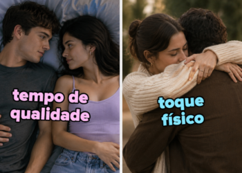 linguagem do amor teste Imagem dividida em duas partes ilustrando diferentes linguagens do amor. À esquerda, um homem e uma mulher estão deitados lado a lado, olhando um para o outro com carinho, acompanhados do texto “tempo de qualidade” em destaque. À direita, um casal se abraça de forma afetuosa ao ar livre, com o texto “toque físico” sobre a imagem. O design segue o estilo de quiz e testes de personalidade, com cores suaves e tipografia grande e chamativa.