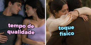 Imagem dividida em duas partes ilustrando diferentes linguagens do amor. À esquerda, um homem e uma mulher estão deitados lado a lado, olhando um para o outro com carinho, acompanhados do texto “tempo de qualidade” em destaque. À direita, um casal se abraça de forma afetuosa ao ar livre, com o texto “toque físico” sobre a imagem. O design segue o estilo de quiz e testes de personalidade, com cores suaves e tipografia grande e chamativa.