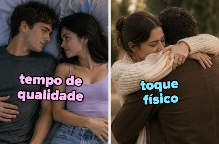 linguagem do amor teste Imagem dividida em duas partes ilustrando diferentes linguagens do amor. À esquerda, um homem e uma mulher estão deitados lado a lado, olhando um para o outro com carinho, acompanhados do texto “tempo de qualidade” em destaque. À direita, um casal se abraça de forma afetuosa ao ar livre, com o texto “toque físico” sobre a imagem. O design segue o estilo de quiz e testes de personalidade, com cores suaves e tipografia grande e chamativa.
