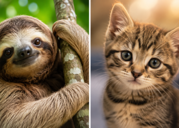 quiz Qual animal eu seria Imagem dividida com uma preguiça sorrindo em uma árvore e um gatinho observando a câmera no quiz qual animal eu seria.