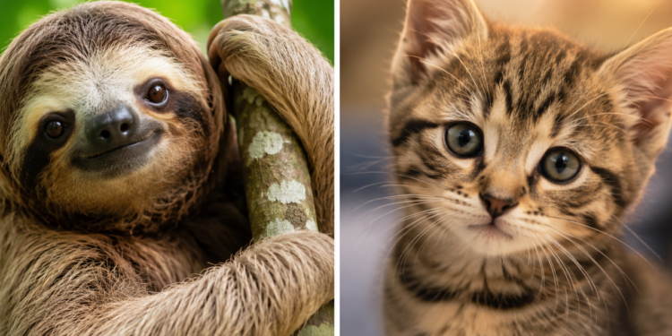 Imagem dividida com uma preguiça sorrindo em uma árvore e um gatinho observando a câmera no quiz qual animal eu seria.