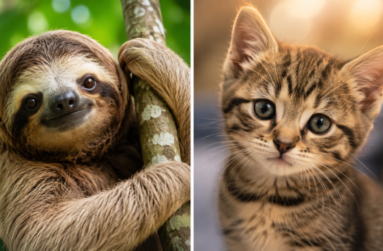 quiz Qual animal eu seria Imagem dividida com uma preguiça sorrindo em uma árvore e um gatinho observando a câmera no quiz qual animal eu seria.