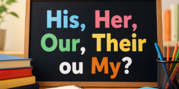 Ilustração educativa com os possessive adjectives em inglês "His, Her, Our, Their ou My?" destacados em um quadro, cercado por livros, lápis coloridos e materiais escolares sobre uma mesa de estudos.