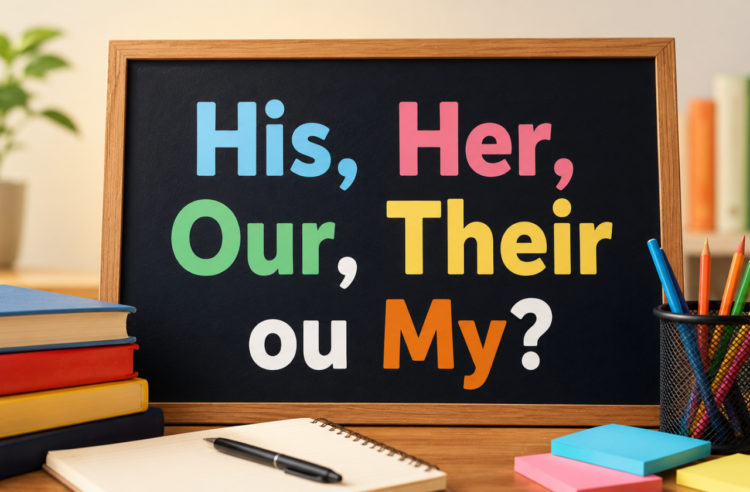 Ilustração educativa com os possessive adjectives em inglês "His, Her, Our, Their ou My?" destacados em um quadro, cercado por livros, lápis coloridos e materiais escolares sobre uma mesa de estudos.