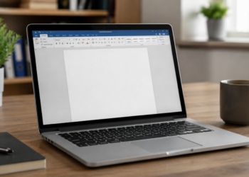 Notebook com documento aberto no Microsoft Word sobre mesa de trabalho, ilustrando a inserção de frações e símbolos matemáticos no Word.