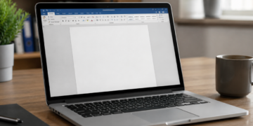 Notebook com documento aberto no Microsoft Word sobre mesa de trabalho, ilustrando a inserção de frações e símbolos matemáticos no Word.