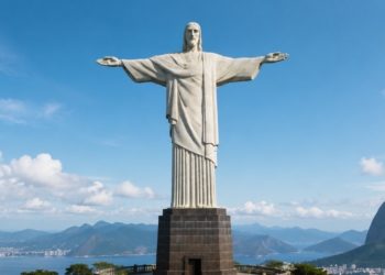 Cristo Redentor no topo do Corcovado, no Rio de Janeiro, mostrando sua altura de 30 metros e vista panorâmica da cidade sob céu azul.