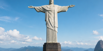 Cristo Redentor no topo do Corcovado, no Rio de Janeiro, mostrando sua altura de 30 metros e vista panorâmica da cidade sob céu azul.