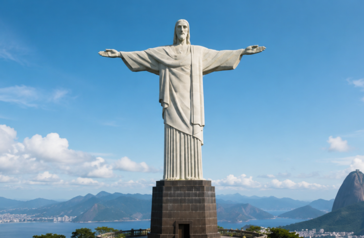altura do cristo redentor Cristo Redentor no topo do Corcovado, no Rio de Janeiro, mostrando sua altura de 30 metros e vista panorâmica da cidade sob céu azul.